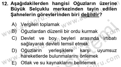 Büyük Selçuklu Tarihi Dersi 2021 - 2022 Yılı (Final) Dönem Sonu Sınav Soruları 12. Soru
