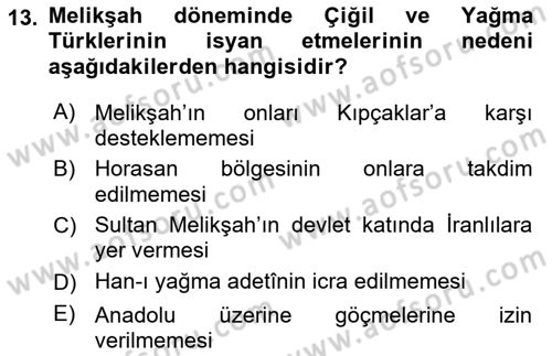 Büyük Selçuklu Tarihi Dersi 2021 - 2022 Yılı Yaz Okulu Sınav Soruları 13. Soru
