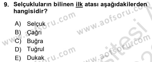 Büyük Selçuklu Tarihi Dersi 2021 - 2022 Yılı Yaz Okulu Sınav Soruları 9. Soru