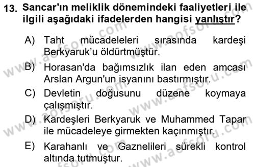 Büyük Selçuklu Tarihi Dersi 2022 - 2023 Yılı Yaz Okulu Sınav Soruları 13. Soru