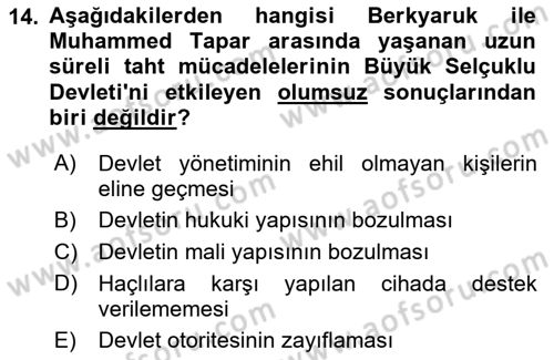 Büyük Selçuklu Tarihi Dersi 2022 - 2023 Yılı Yaz Okulu Sınav Soruları 14. Soru