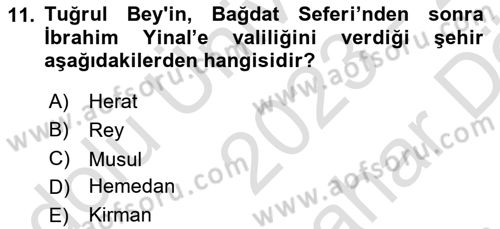 Büyük Selçuklu Tarihi Dersi 2023 - 2024 Yılı (Vize) Ara Sınav Soruları 11. Soru