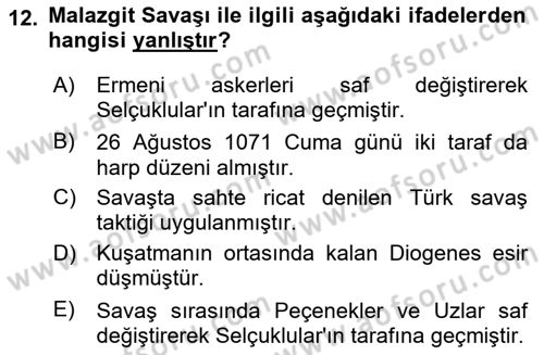 Büyük Selçuklu Tarihi Dersi 2023 - 2024 Yılı (Vize) Ara Sınav Soruları 12. Soru