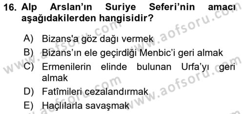 Büyük Selçuklu Tarihi Dersi 2023 - 2024 Yılı (Vize) Ara Sınav Soruları 16. Soru