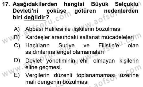 Büyük Selçuklu Tarihi Dersi 2023 - 2024 Yılı (Vize) Ara Sınav Soruları 17. Soru