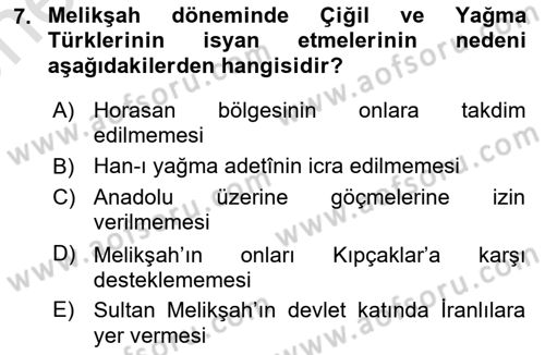 Büyük Selçuklu Tarihi Dersi 2023 - 2024 Yılı (Vize) Ara Sınav Soruları 7. Soru