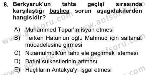 Büyük Selçuklu Tarihi Dersi 2023 - 2024 Yılı (Vize) Ara Sınav Soruları 8. Soru
