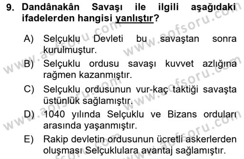 Büyük Selçuklu Tarihi Dersi 2023 - 2024 Yılı (Vize) Ara Sınav Soruları 9. Soru