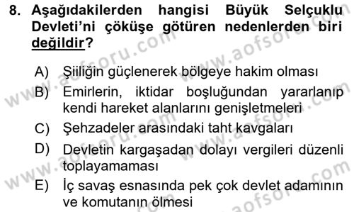 Büyük Selçuklu Tarihi Dersi 2023 - 2024 Yılı (Final) Dönem Sonu Sınav Soruları 8. Soru