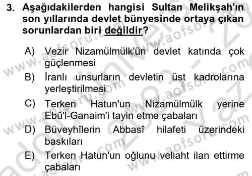 Büyük Selçuklu Tarihi Dersi 2023 - 2024 Yılı Yaz Okulu Sınav Soruları 3. Soru