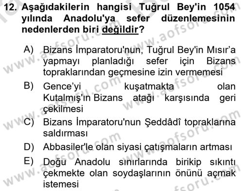 Büyük Selçuklu Tarihi Dersi 2024 - 2025 Yılı (Vize) Ara Sınav Soruları 12. Soru