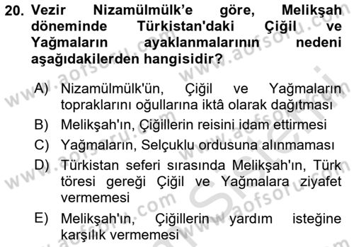 Büyük Selçuklu Tarihi Dersi 2024 - 2025 Yılı (Vize) Ara Sınav Soruları 20. Soru
