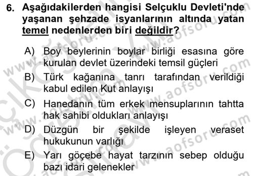 Büyük Selçuklu Tarihi Dersi 2024 - 2025 Yılı Yaz Okulu Sınav Soruları 6. Soru