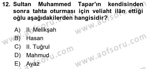 Büyük Selçuklu Tarihi Dersi 2025 - 2026 Yılı (Vize) Ara Sınav Soruları 12. Soru