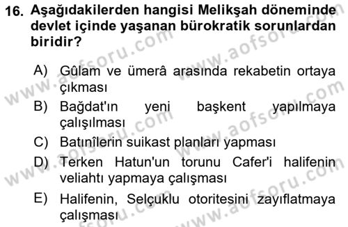 Büyük Selçuklu Tarihi Dersi 2025 - 2026 Yılı (Vize) Ara Sınav Soruları 16. Soru