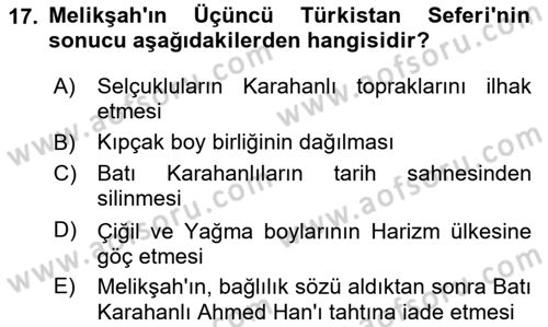 Büyük Selçuklu Tarihi Dersi 2025 - 2026 Yılı (Vize) Ara Sınav Soruları 17. Soru