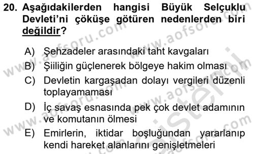 Büyük Selçuklu Tarihi Dersi 2025 - 2026 Yılı (Vize) Ara Sınav Soruları 20. Soru