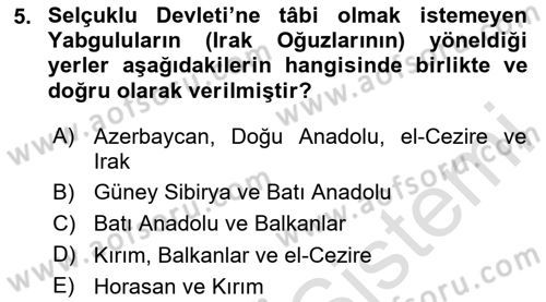 Büyük Selçuklu Tarihi Dersi 2025 - 2026 Yılı (Vize) Ara Sınav Soruları 5. Soru