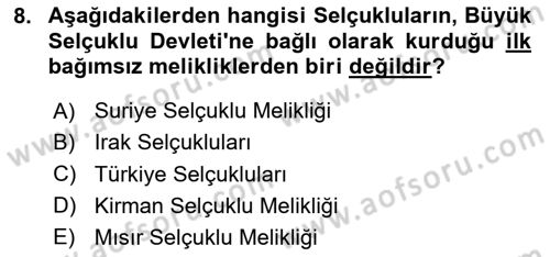 Büyük Selçuklu Tarihi Dersi 2025 - 2026 Yılı (Vize) Ara Sınav Soruları 8. Soru