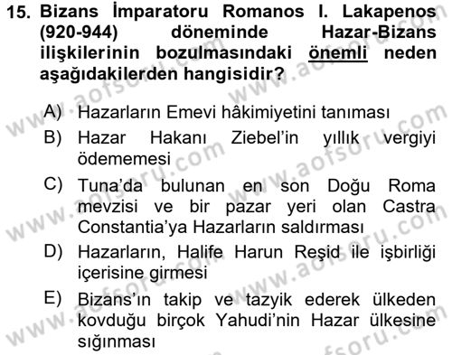 Orta Asya Türk Tarihi Dersi Ara Sınavı Deneme Sınav Soruları 15. Soru
