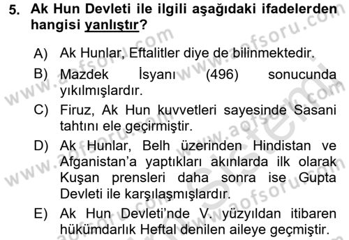 Orta Asya Türk Tarihi Dersi Ara Sınavı Deneme Sınav Soruları 5. Soru