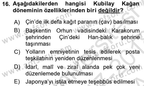 Orta Asya Türk Tarihi Dersi Ara Sınavı Deneme Sınav Soruları 16. Soru