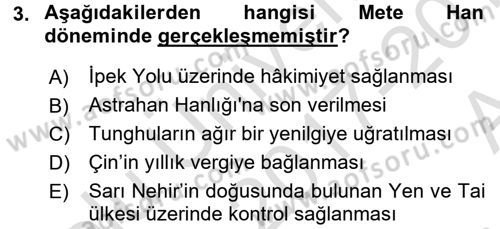 Orta Asya Türk Tarihi Dersi Ara Sınavı Deneme Sınav Soruları 3. Soru