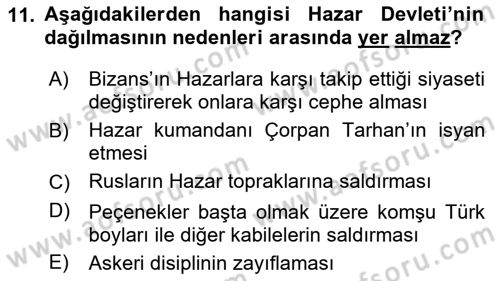 Orta Asya Türk Tarihi Dersi Ara Sınavı Deneme Sınav Soruları 11. Soru