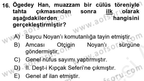 Orta Asya Türk Tarihi Dersi Ara Sınavı Deneme Sınav Soruları 16. Soru