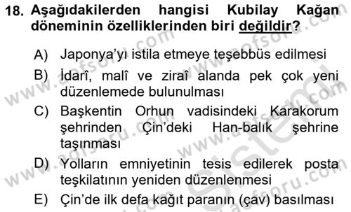 Orta Asya Türk Tarihi Dersi Ara Sınavı Deneme Sınav Soruları 18. Soru