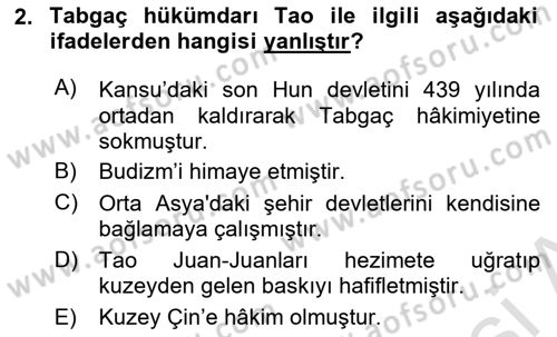Orta Asya Türk Tarihi Dersi 2019 - 2020 Yılı (Vize) Ara Sınavı 2. Soru