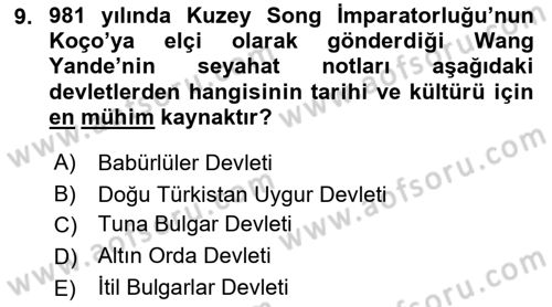 Orta Asya Türk Tarihi Dersi Ara Sınavı Deneme Sınav Soruları 9. Soru