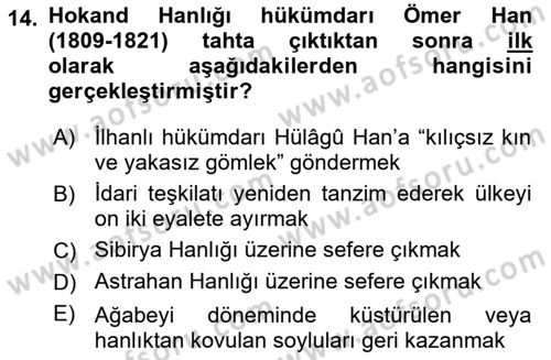 Orta Asya Türk Tarihi Dersi 2019 - 2020 Yılı (Final) Dönem Sonu Sınav Soruları 14. Soru