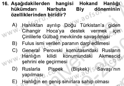 Orta Asya Türk Tarihi Dersi 2019 - 2020 Yılı (Final) Dönem Sonu Sınav Soruları 16. Soru