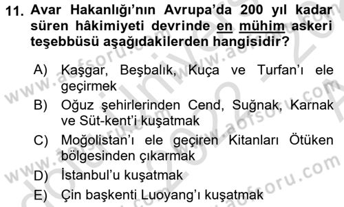 Orta Asya Türk Tarihi Dersi 2022 - 2023 Yılı (Vize) Ara Sınavı 11. Soru