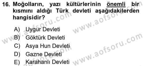 Orta Asya Türk Tarihi Dersi 2022 - 2023 Yılı (Vize) Ara Sınavı 16. Soru