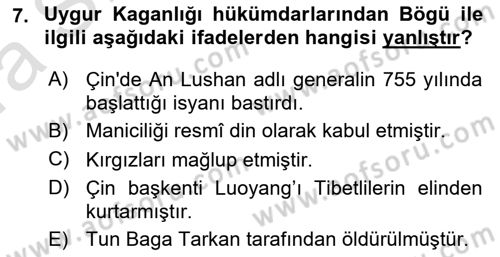 Orta Asya Türk Tarihi Dersi 2022 - 2023 Yılı (Vize) Ara Sınavı 7. Soru