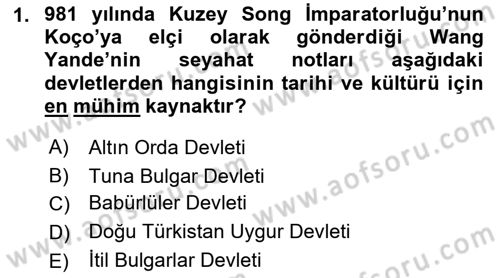 Orta Asya Türk Tarihi Dersi 2022 - 2023 Yılı (Final) Dönem Sonu Sınav Soruları 1. Soru
