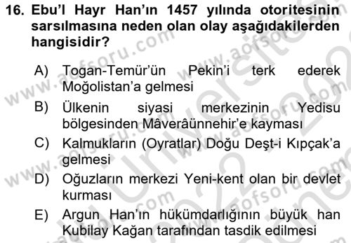 Orta Asya Türk Tarihi Dersi 2022 - 2023 Yılı (Final) Dönem Sonu Sınav Soruları 16. Soru