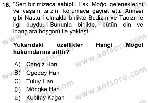 Orta Asya Türk Tarihi Dersi 2023 - 2024 Yılı (Vize) Ara Sınav Soruları 16. Soru