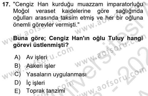 Orta Asya Türk Tarihi Dersi Ara Sınavı Deneme Sınav Soruları 17. Soru