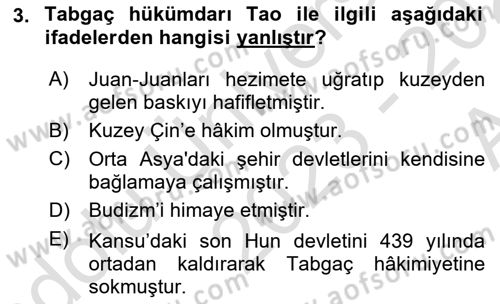 Orta Asya Türk Tarihi Dersi 2023 - 2024 Yılı (Vize) Ara Sınavı 3. Soru