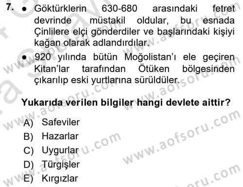 Orta Asya Türk Tarihi Dersi 2023 - 2024 Yılı (Vize) Ara Sınav Soruları 7. Soru