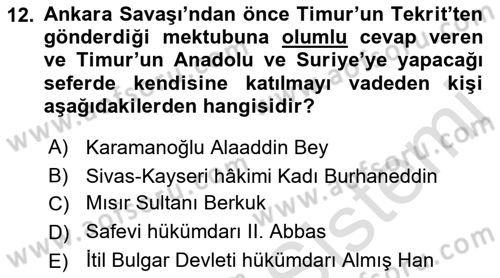Orta Asya Türk Tarihi Dersi 2023 - 2024 Yılı (Final) Dönem Sonu Sınav Soruları 12. Soru