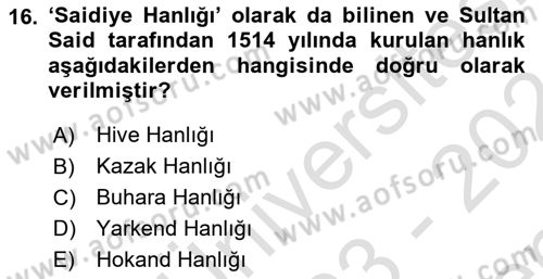 Orta Asya Türk Tarihi Dersi 2023 - 2024 Yılı (Final) Dönem Sonu Sınav Soruları 16. Soru