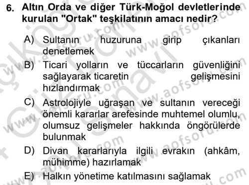 Orta Asya Türk Tarihi Dersi 2023 - 2024 Yılı (Final) Dönem Sonu Sınav Soruları 6. Soru