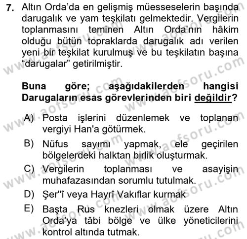 Orta Asya Türk Tarihi Dersi 2023 - 2024 Yılı (Final) Dönem Sonu Sınav Soruları 7. Soru