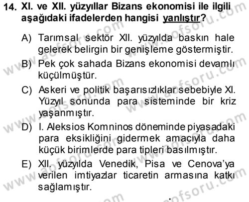 Bizans Tarihi Dersi 2014 - 2015 Yılı (Final) Dönem Sonu Sınav Soruları 14. Soru