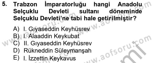 Bizans Tarihi Dersi 2014 - 2015 Yılı (Final) Dönem Sonu Sınav Soruları 5. Soru
