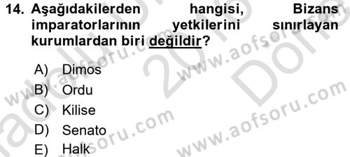 Bizans Tarihi Dersi 2016 - 2017 Yılı (Final) Dönem Sonu Sınav Soruları 14. Soru